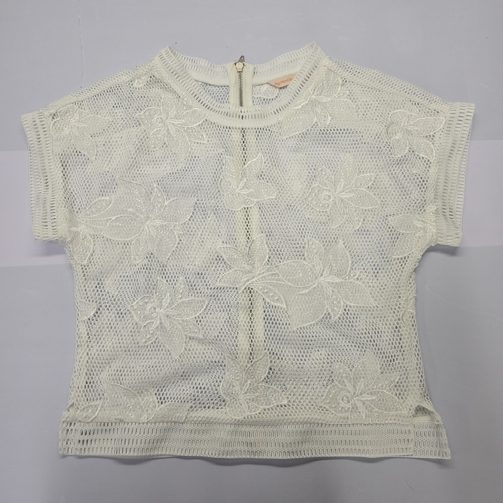 Mind Bridge White Floral Mesh Embroidered Short Sleeve Top MPBL-321K Small